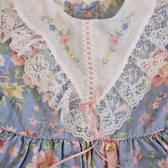 Vintage 80s Girls 3T Party Dress Blue Longsleeve Lace Flowers Layered Tiered - Picture 2 of 10